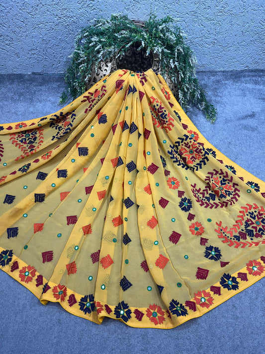 MUSTARD YELLOW GEORGETTE PURE HANDLOOM PHULKARI DUPATTA