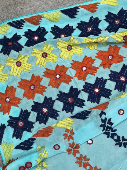 AQUA BLUE GEORGETTE PURE HANDLOOM PHULKARI DUPATTA