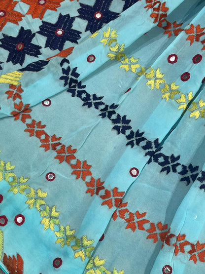AQUA BLUE GEORGETTE PURE HANDLOOM PHULKARI DUPATTA