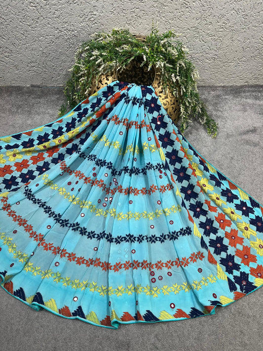 AQUA BLUE GEORGETTE PURE HANDLOOM PHULKARI DUPATTA