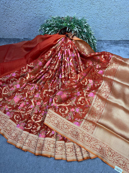 RUST RED KORA PURE HANDLOOM BANARASI SAREE