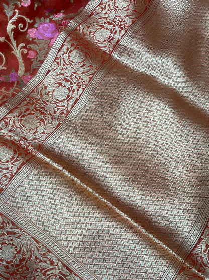 RUST RED KORA PURE HANDLOOM BANARASI SAREE