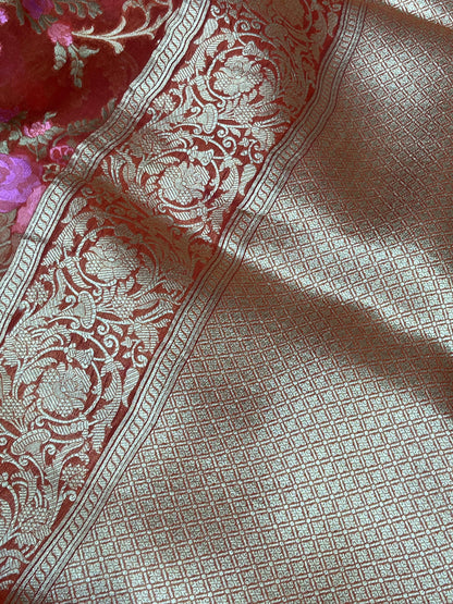 RUST RED KORA PURE HANDLOOM BANARASI SAREE