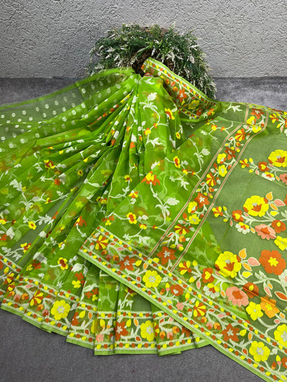 PARROT GREEN KORA PURE HANDLOOM BANARASI SAREE