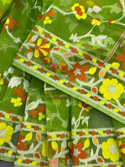 PARROT GREEN KORA PURE HANDLOOM BANARASI SAREE