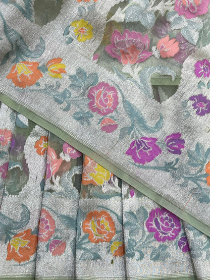 SAGE GREEN KORA PURE HANDLOOM BANARASI SAREE