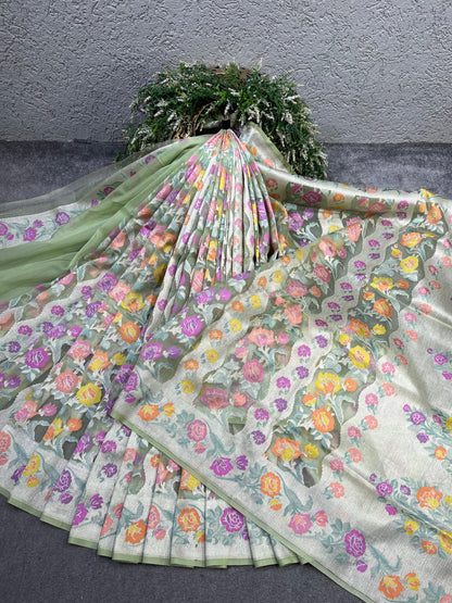 SAGE GREEN KORA PURE HANDLOOM BANARASI SAREE