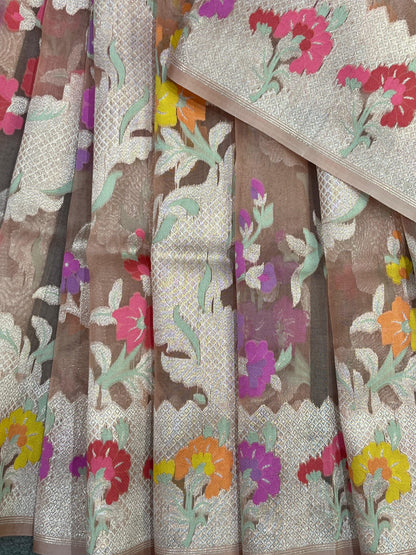 DUSTY ROSE PINK KORA PURE HANDLOOM BANARASI SAREE