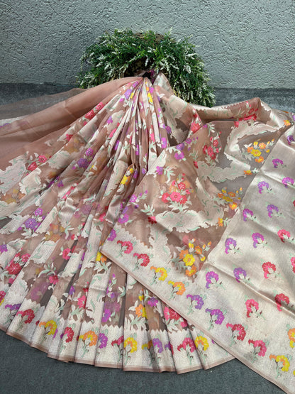 DUSTY ROSE PINK KORA PURE HANDLOOM BANARASI SAREE