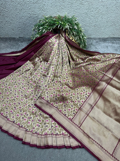 IVORY BEIGE SILK PURE HANDLOOM BANARASI SAREE