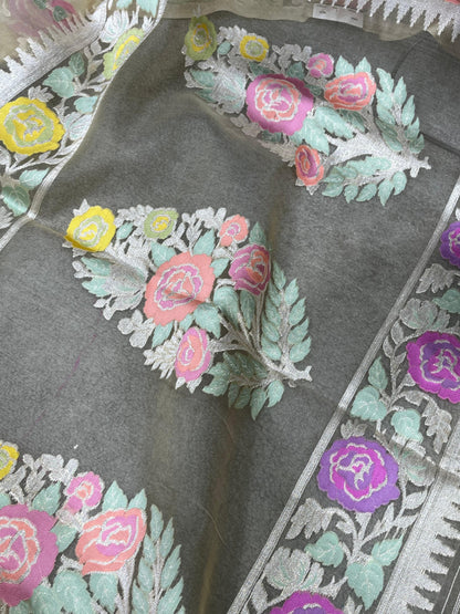 TAUPE GREY KORA PURE HANDLOOM  BANARASI SAREE