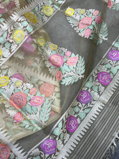 TAUPE GREY KORA PURE HANDLOOM  BANARASI SAREE