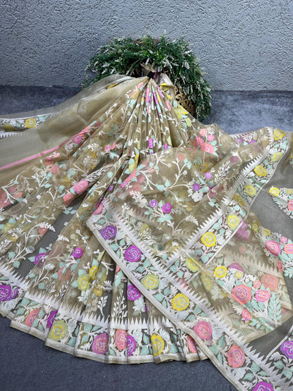 TAUPE GREY KORA PURE HANDLOOM  BANARASI SAREE