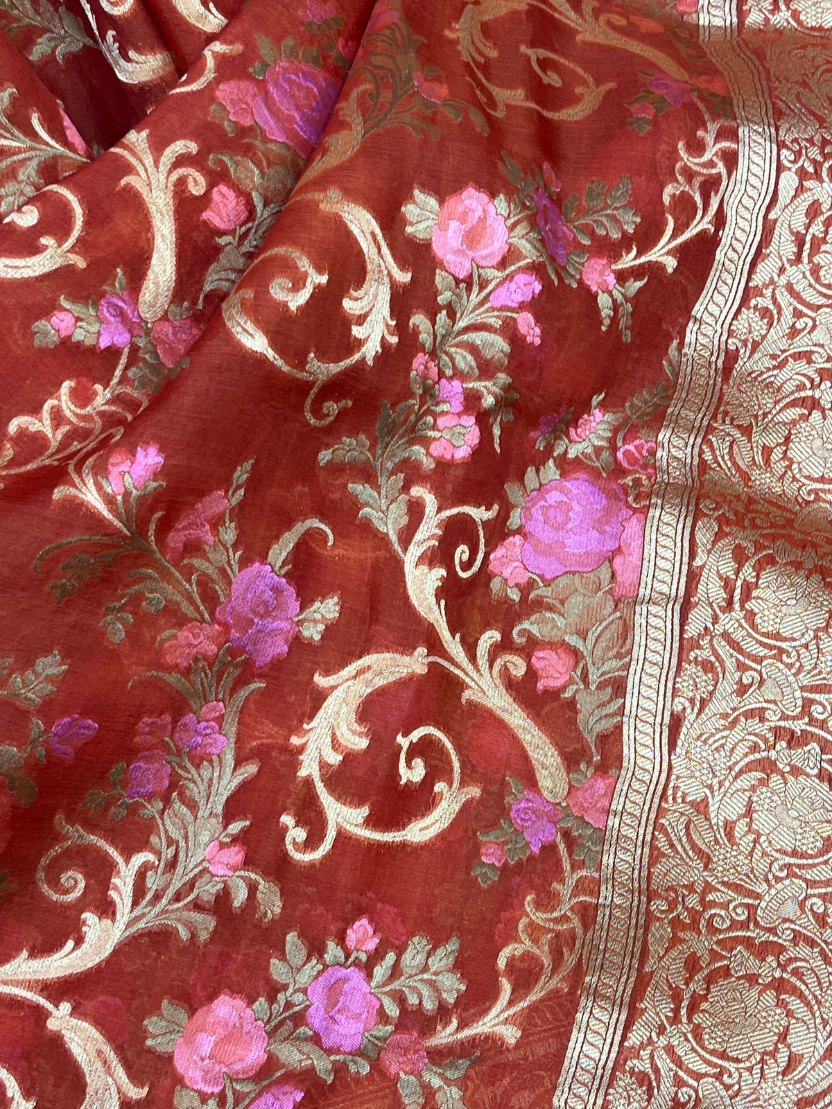 RUST RED KORA PURE HANDLOOM BANARASI SAREE