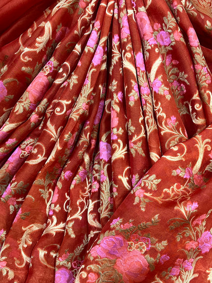 RUST RED KORA PURE HANDLOOM BANARASI SAREE