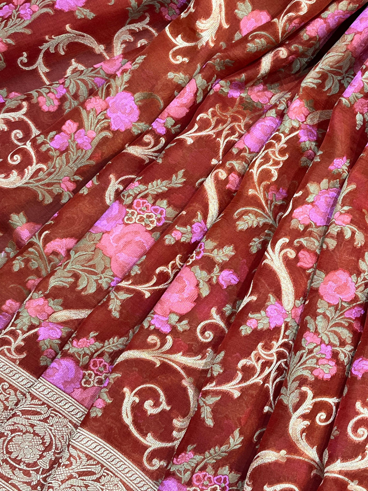 RUST RED KORA PURE HANDLOOM BANARASI SAREE