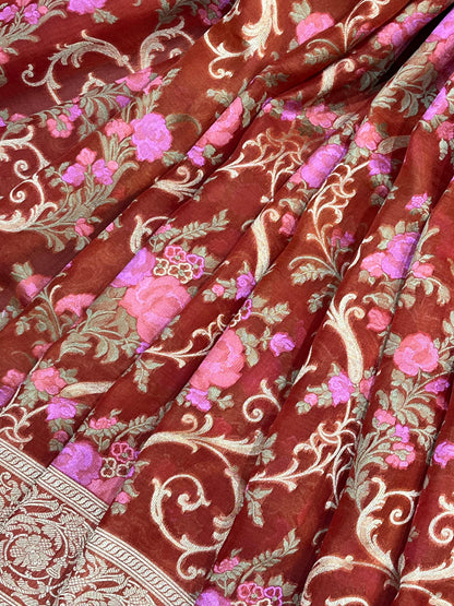 RUST RED KORA PURE HANDLOOM BANARASI SAREE