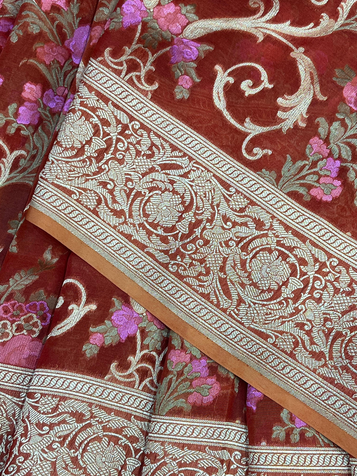 RUST RED KORA PURE HANDLOOM BANARASI SAREE