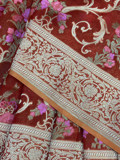 RUST RED KORA PURE HANDLOOM BANARASI SAREE