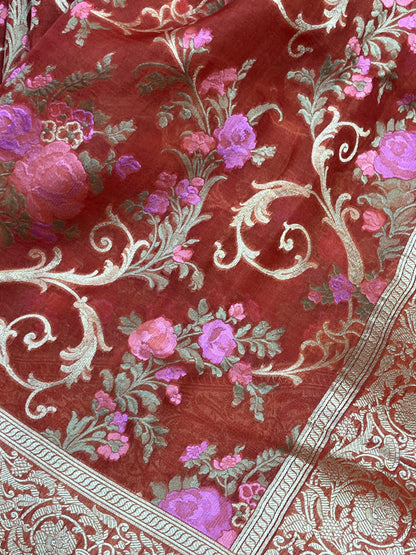 RUST RED KORA PURE HANDLOOM BANARASI SAREE