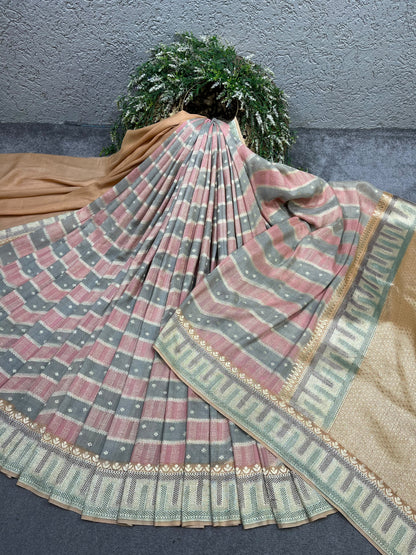 GREY DUSTY ROSE PINK TASSAR GEOREGTTE PURE HANDLOOM BANARASI SAREE