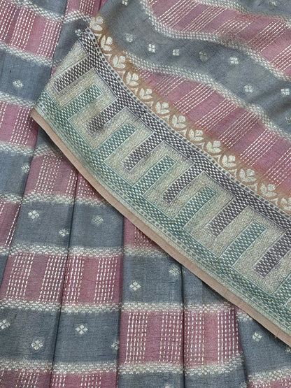 GREY DUSTY ROSE PINK TASSAR GEOREGTTE PURE HANDLOOM BANARASI SAREE