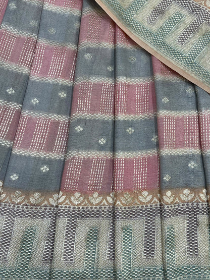 GREY DUSTY ROSE PINK TASSAR GEOREGTTE PURE HANDLOOM BANARASI SAREE