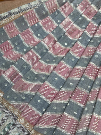 GREY DUSTY ROSE PINK TASSAR GEOREGTTE PURE HANDLOOM BANARASI SAREE