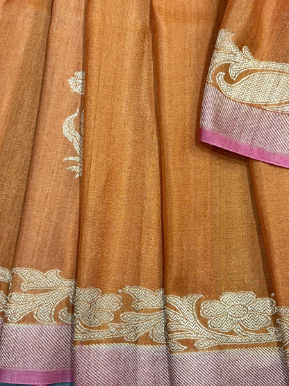 BURNT ORANGE TASSAR GEORGETTE PURE HANDLOOM BANARASI SAREE