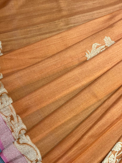 BURNT ORANGE TASSAR GEORGETTE PURE HANDLOOM BANARASI SAREE
