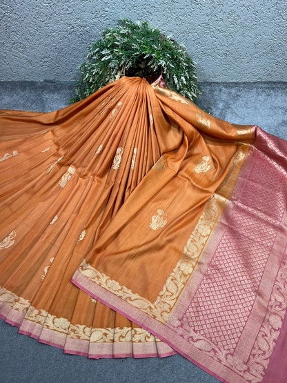 BURNT ORANGE TASSAR GEORGETTE PURE HANDLOOM BANARASI SAREE