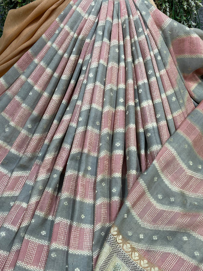 GREY DUSTY ROSE PINK TASSAR GEOREGTTE PURE HANDLOOM BANARASI SAREE