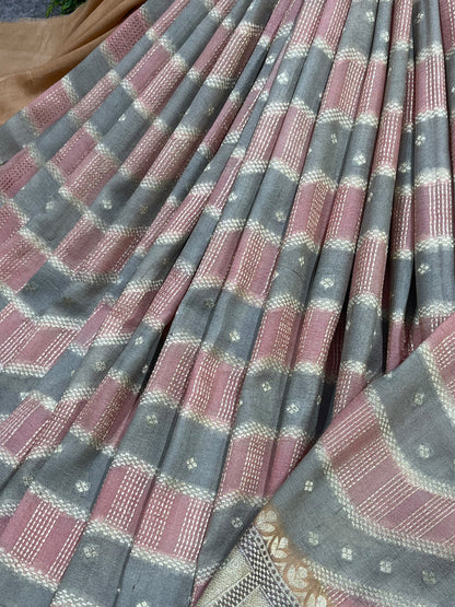 GREY DUSTY ROSE PINK TASSAR GEOREGTTE PURE HANDLOOM BANARASI SAREE