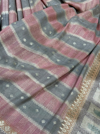 GREY DUSTY ROSE PINK TASSAR GEOREGTTE PURE HANDLOOM BANARASI SAREE