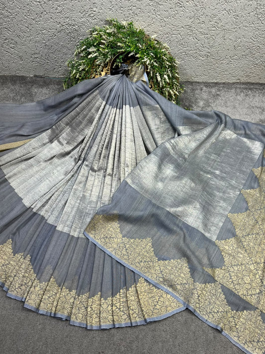 SLATE GREY TASSAR CHIFFON PURE HANDLOOM BANARASI SAREE