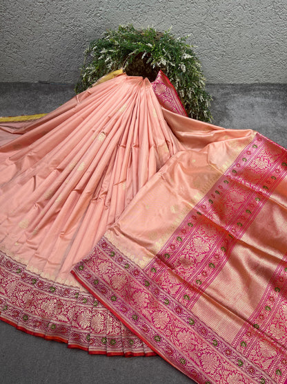 PEACH PINK SILK PURE HANDLOOM BANARASI SAREE