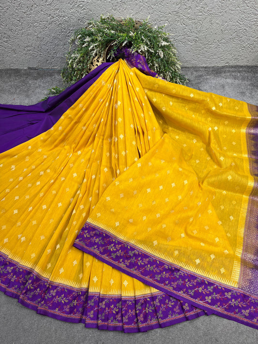 YELLOW COTTON PURE HANDLOOM BANARASI SAREE