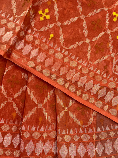 RUST ORANGE COTTON PURE HANDLOOM BANARASI SAREE