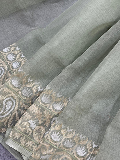 SAGE GREEN COTTON PURE HANDLOOM BANARASI SAREE