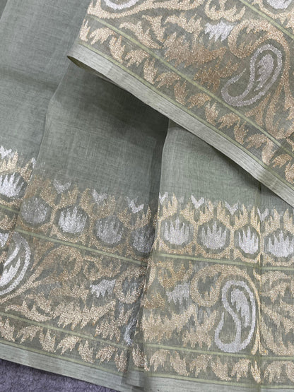 SAGE GREEN COTTON PURE HANDLOOM BANARASI SAREE