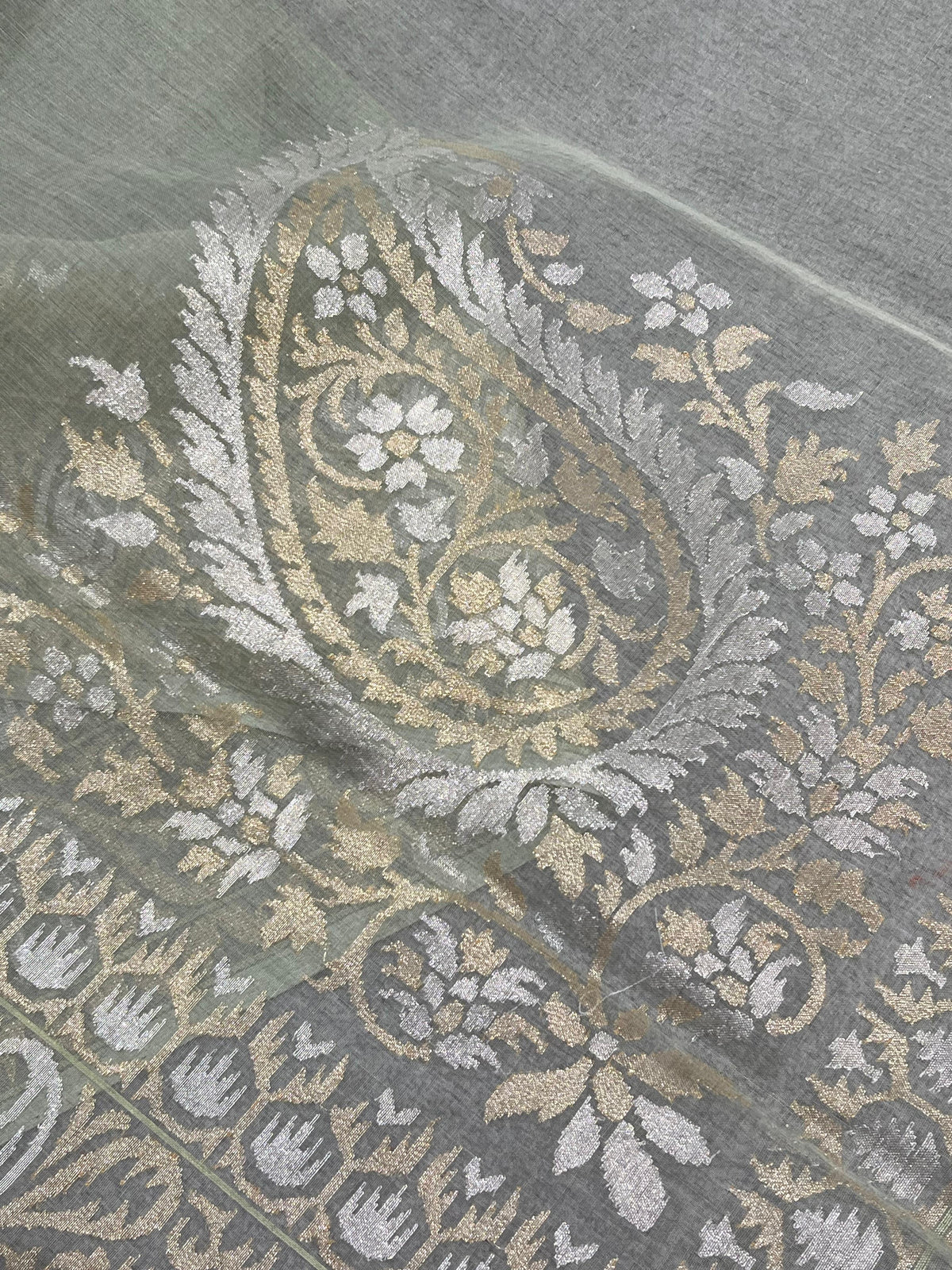 SAGE GREEN COTTON PURE HANDLOOM BANARASI SAREE