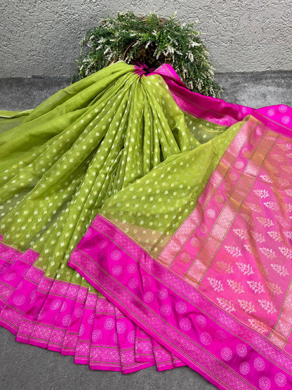 PISTA GREEN COTTON PURE HANDLOOM BANARASI SAREE