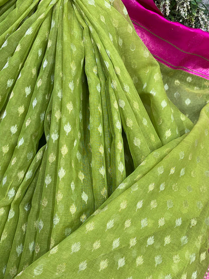 PISTA GREEN COTTON PURE HANDLOOM BANARASI SAREE