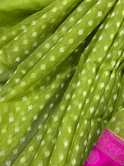 PISTA GREEN COTTON PURE HANDLOOM BANARASI SAREE