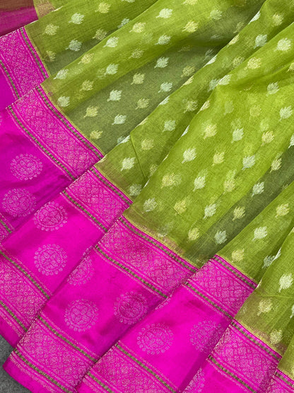 PISTA GREEN COTTON PURE HANDLOOM BANARASI SAREE