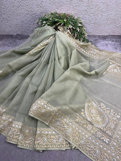SAGE GREEN COTTON PURE HANDLOOM BANARASI SAREE