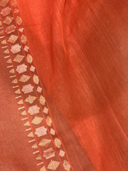 RUST ORANGE COTTON PURE HANDLOOM BANARASI SAREE