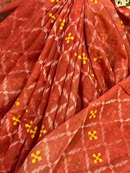 RUST ORANGE COTTON PURE HANDLOOM BANARASI SAREE
