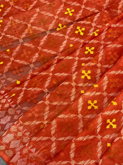 RUST ORANGE COTTON PURE HANDLOOM BANARASI SAREE