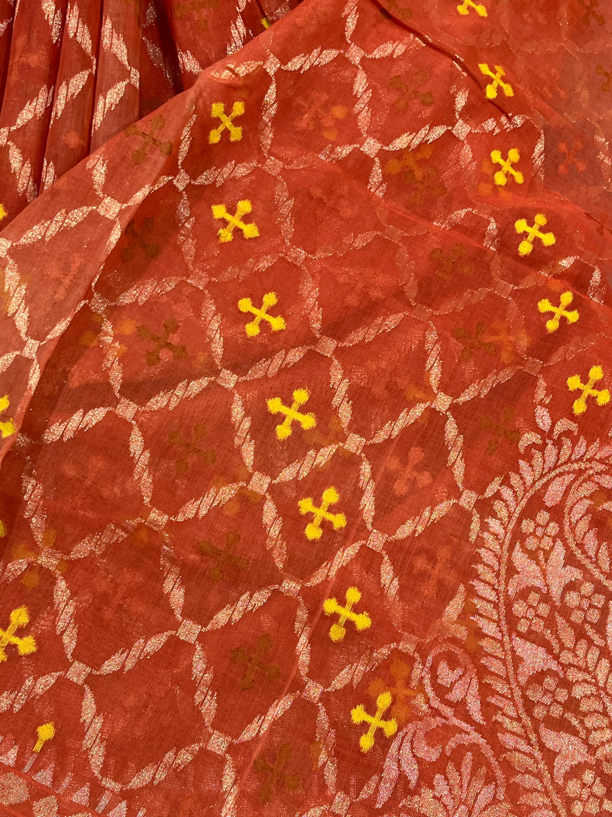 RUST ORANGE COTTON PURE HANDLOOM BANARASI SAREE